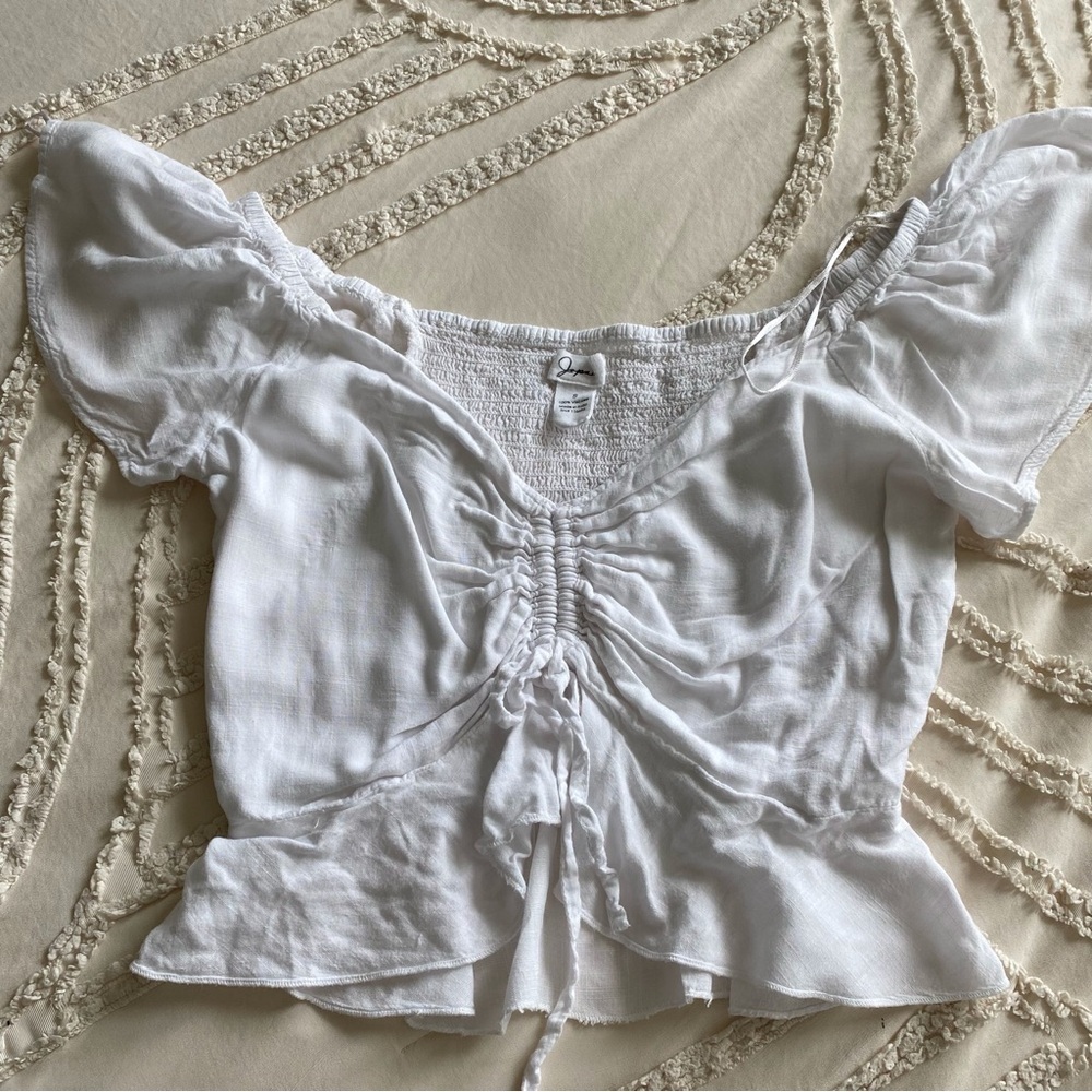 White Ruched Front Puff Sleeve Women's Top -